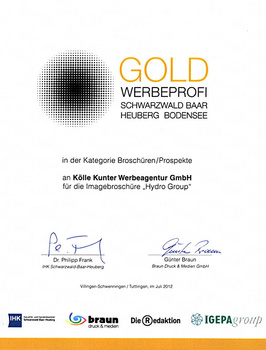 Gold Werbeprofi 2011 für die Broschüre "HydroGroup"