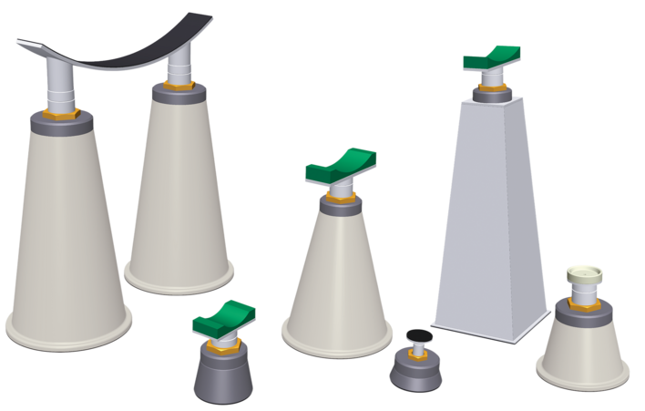 Übersicht verschiedener 3D-Produktmodelle von höhenverstellbaren Rohrstützen und Fundamenten für den industriellen Anlagenbau.