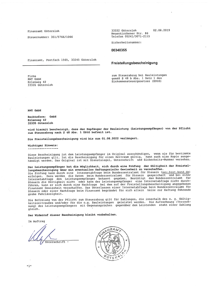 Freistellungsbescheinigung RWT GmbH für Kunden